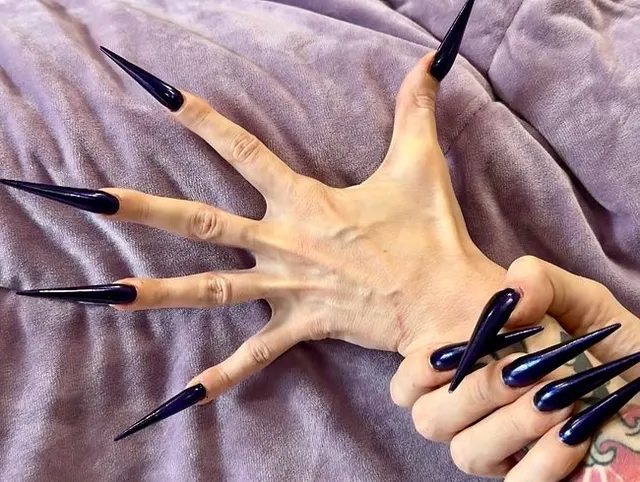 Dunkelblaue lange Nägel, scharfe Stilettos, lange Finger und Handflächen breit