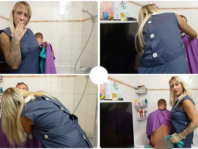 Friseurin im Kittel - Heute rasiere ich ihn im blauen Nylon Rückenschlusskittel