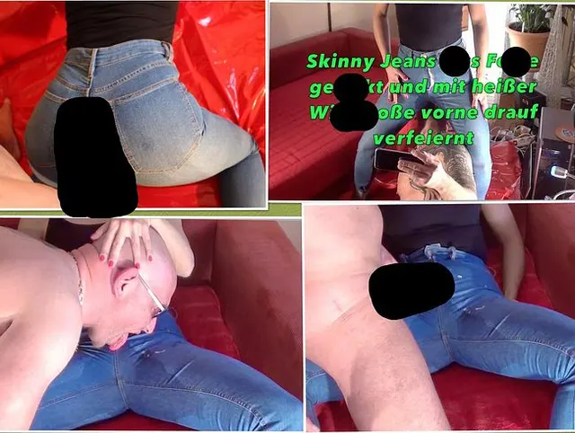 Knallenge Skinny Jeans Piss Fotze geleckt und dann im Schritt schon abgespritzt und wieder geleckt