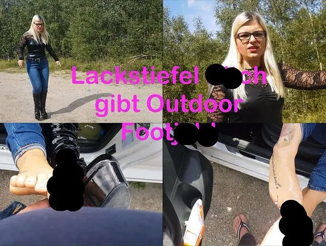 Lackstiefel Bitch gibt Outdoor Footjob!