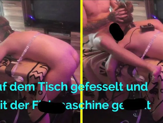 An den Tisch gefesselt und die Schlampe mit der Fickmaschine gefickt