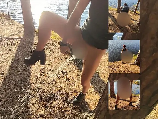 Schönes jugendlich Mädchen masturbiert in der Öffentlichkeit und macht massiven Squirt im Freien
