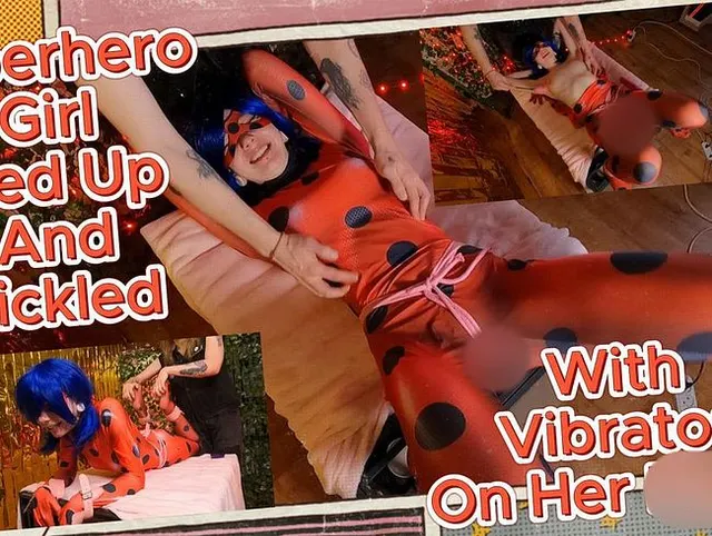 Superheldenmädchen in einer Falle gefangen. Sie ist gefesselt und wird mit einem Vibrator an der Muschi gekitzelt