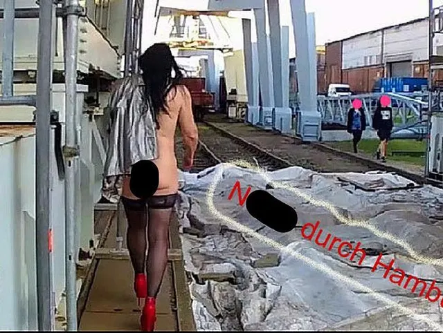 Die  Nutte-Angi spaziert nackt durch den Containerhafen von Hamburg