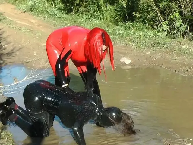 Wet and messy in latex rubber catsuits