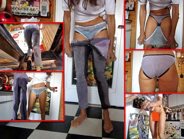 Piss-Striptease in Stretch-Jeans, Plastikslip, Slip + Pumps
