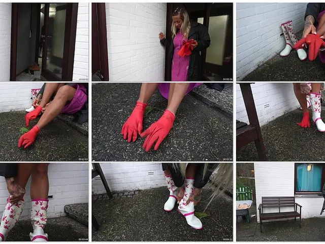 Rote Latex Gummihandschuhe an den Füßen und dazu Gummistiefel Kittel und Nylonjacke