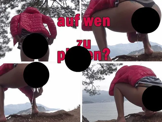 Ich pisse auf dem Hintergrund der Berge und das Meer vor Menschen