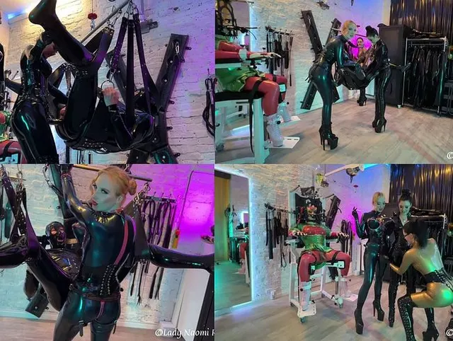 Latex Strap on Pegging mit drei Dominas