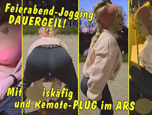 Feierabend-Joggingrunde dauergeil dank Peniskäfig und Remote Plug im Arsch!!