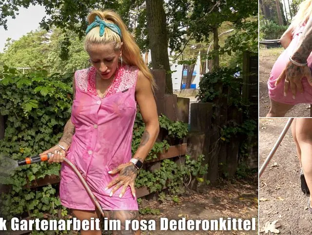Wetlook Gartenarbeit im rosa Dederonkittel