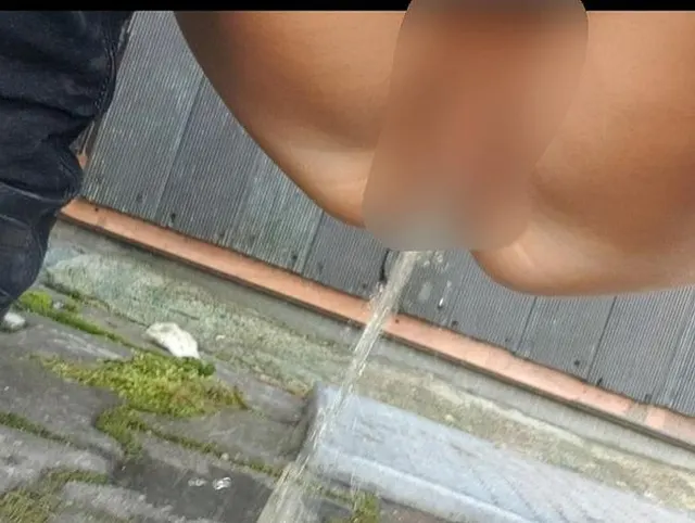 Pissen neben einem Bahnhaus