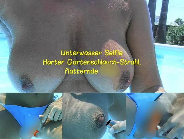 Unterwasser Selfie: Harter Gartenschlauch-Strahl, flatternde Pussyv