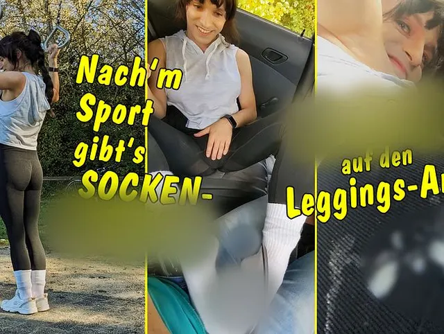 Nach’m Sport gibt’s nen Socken-Footjob! Da spritzt er glatt auf meinen Leggings-Arsch!