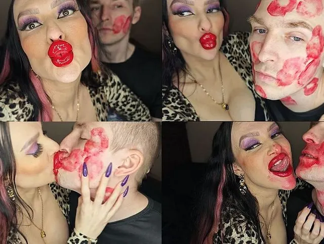 Saftige, klebrige, laute, aggressive Küsse über das ganze Gesicht eines Mannes mit rotem Lippenstift
