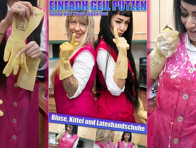 Einfach geil putzen mit Tracy zusammen in weißen Blusen Kittel und Latex Gloves