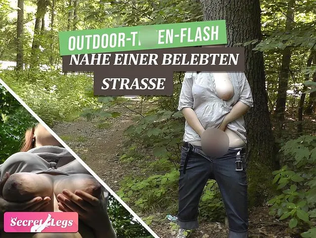 Outdoor-Titten-Flash nahe einer belebten Straße