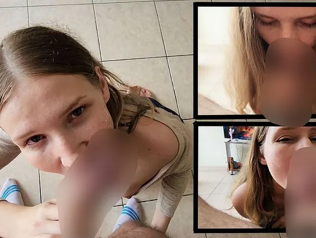 Süße sexy Blondine lutscht tief einen großen Schwanz vor dem Kamin.
