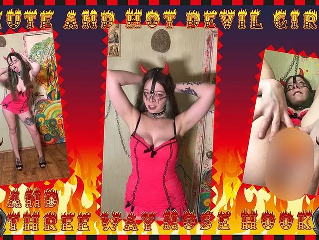 Süßes und heißes Teufelsmädchen und Drei-Wege-Nasenhaken. Nahaufnahmen, Pussyfick, Blowjob