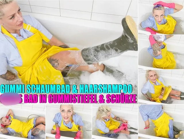 Gummi Schaumbad und Haare shampoonieren mit Kittel Gummischürze Gummistiefel und Gummihandschuhen