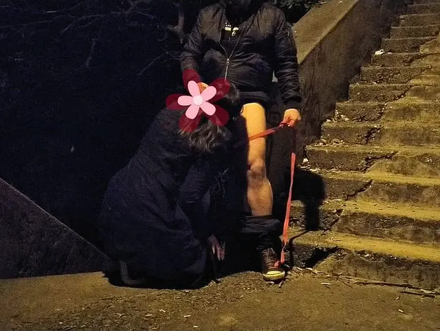Schwiegermutter lutscht dem Jungen an der Hundeleine in der Öffentlichkeit den Schwanz und leckt ihm