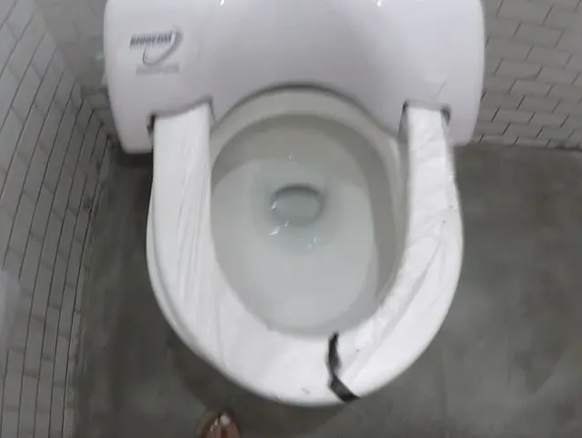 Miss Smith pisst auf eine seltsame Toilette mit Plastiküberzug