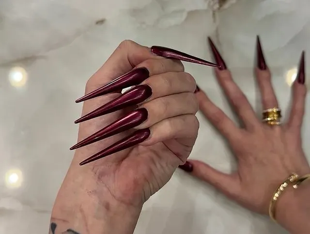 Neue Farbe LILA Lange Nägel, scharfe Stilettos, lange Finger und Hände Anbetung, Handflächen breit