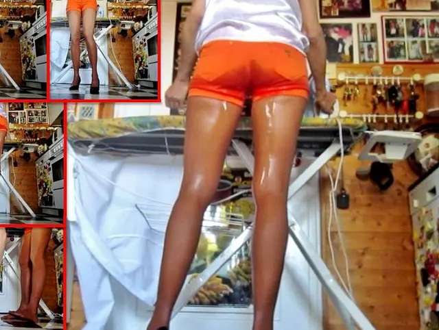 Piss beim Bügeln in Shorts, FSH + Pumps - aus Sicht einer Maus