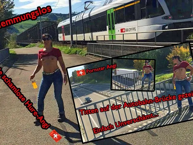 Auf der Autobahn-Brücke schamlos Ihre geilen Titten allen gezeigt…