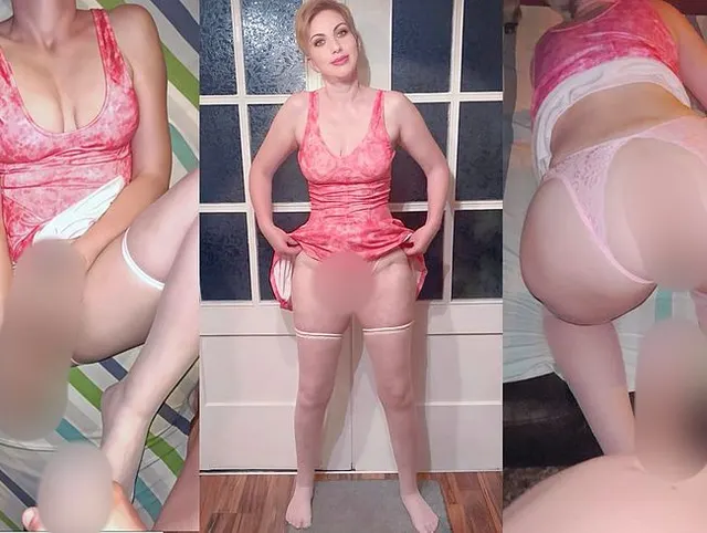 Sexfrau im rosa kleid fickt mit ehemann und dildo